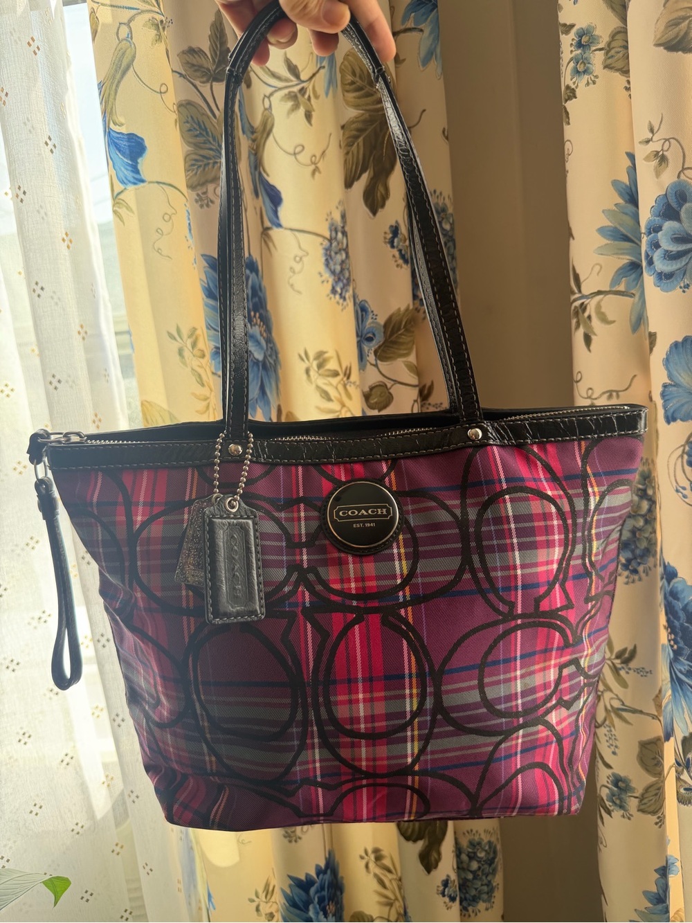 Coach Pink Plaid Tote with Black Trim